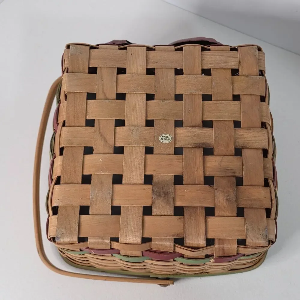 Woven Basket Apple Design Wooden Handle Farmhouse Decor